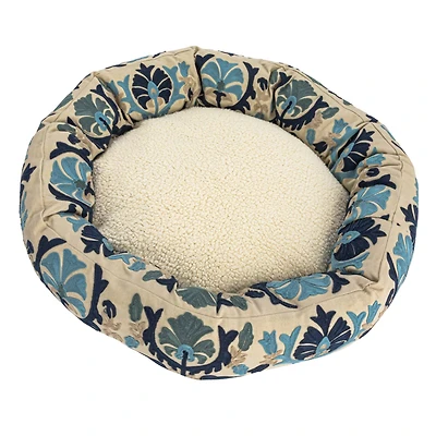 Hello Honey® 24" Natural, Blue & Gray Round Floral Cotton & Sherpa Pet Bed