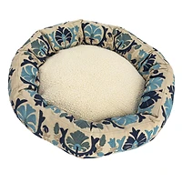 Hello Honey® 24" Natural, Blue & Gray Round Floral Cotton & Sherpa Pet Bed