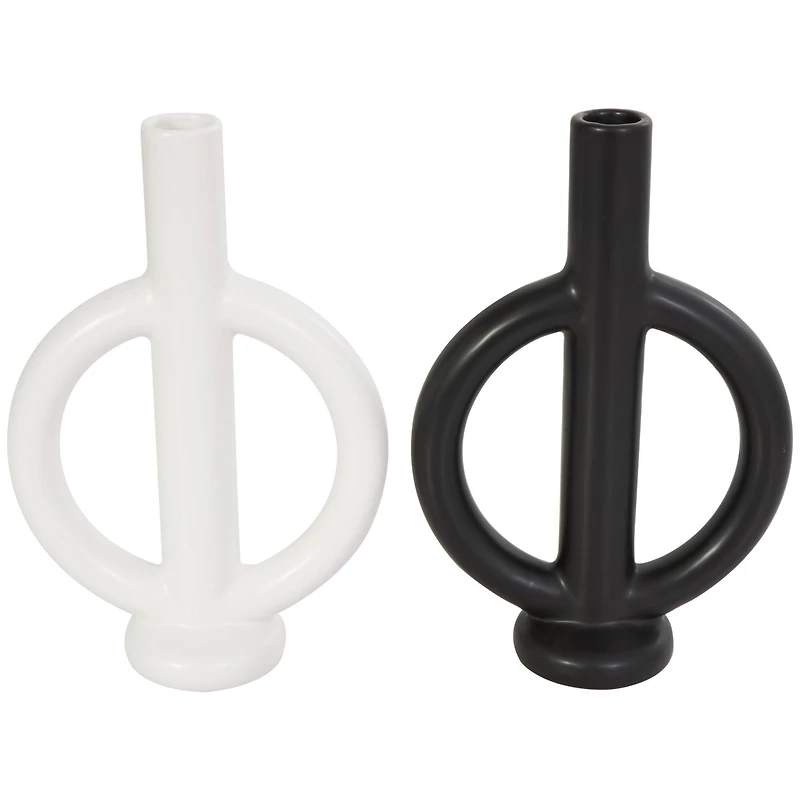 CosmoLiving by Cosmopolitan 10" Black & White Ceramic Geometric Ring Taper Candle Holder Set
