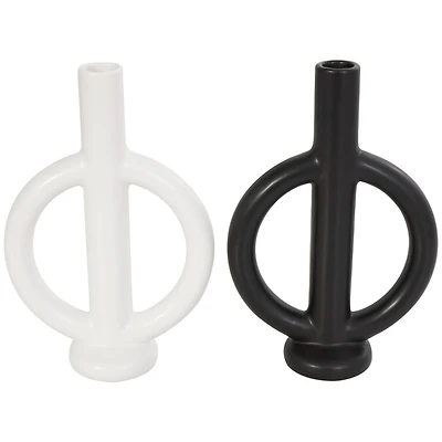 CosmoLiving by Cosmopolitan 10" Black & White Ceramic Geometric Ring Taper Candle Holder Set