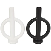 CosmoLiving by Cosmopolitan 10" Black & White Ceramic Geometric Ring Taper Candle Holder Set