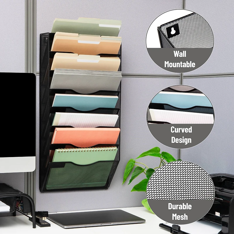 Mind Reader Wall File Organizer, 8 Pocket Hanging Document Rack, Office Wall Mount, Metal Mesh