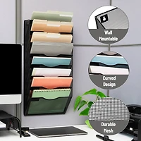 Mind Reader Wall File Organizer, 8 Pocket Hanging Document Rack, Office Wall Mount, Metal Mesh