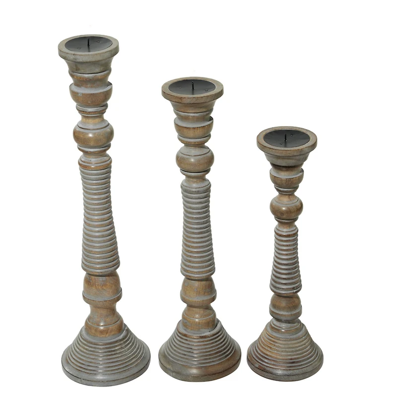Light Gray Mango Wood Traditional Candle Holder Set