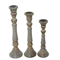 Light Gray Mango Wood Traditional Candle Holder Set