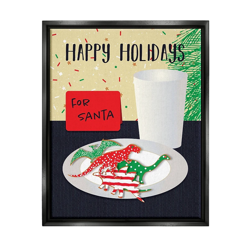 Stupell Industries Happy Holidays Dinosaur Santa Cookies Framed Floater Canvas Wall Art