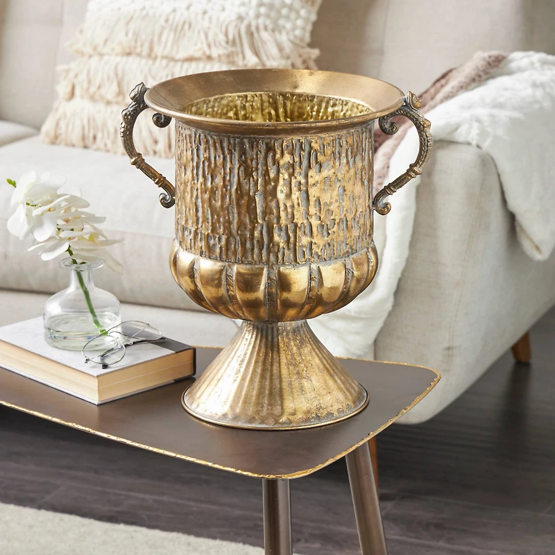 15" Gold Metal Urn Shaped Vase with Hammered Details