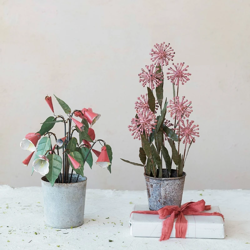 Hello Honey® 14" Pink & Green Metal Flower Pot Decor with Faux Flowers