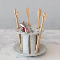 Hello Honey® White & Brown Striped Stoneware Toothbrush Holder