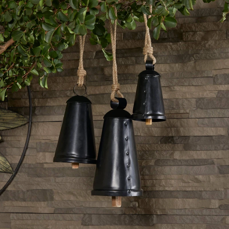 Black Metal Bohemian Decorative Cow Bell, Set of 3" 13", 10", 9"