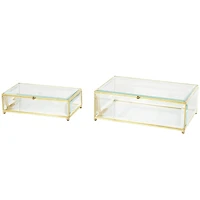 Clear & Gold Beveled Glass & Metal Rectangle Footed Jewelry Box with Chain Accent Set