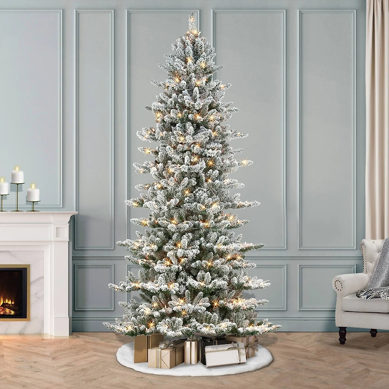 9ft. Pre-Lit Slim Flocked Royal Majestic Artificial Spruce Christmas Tree, Clear Lights