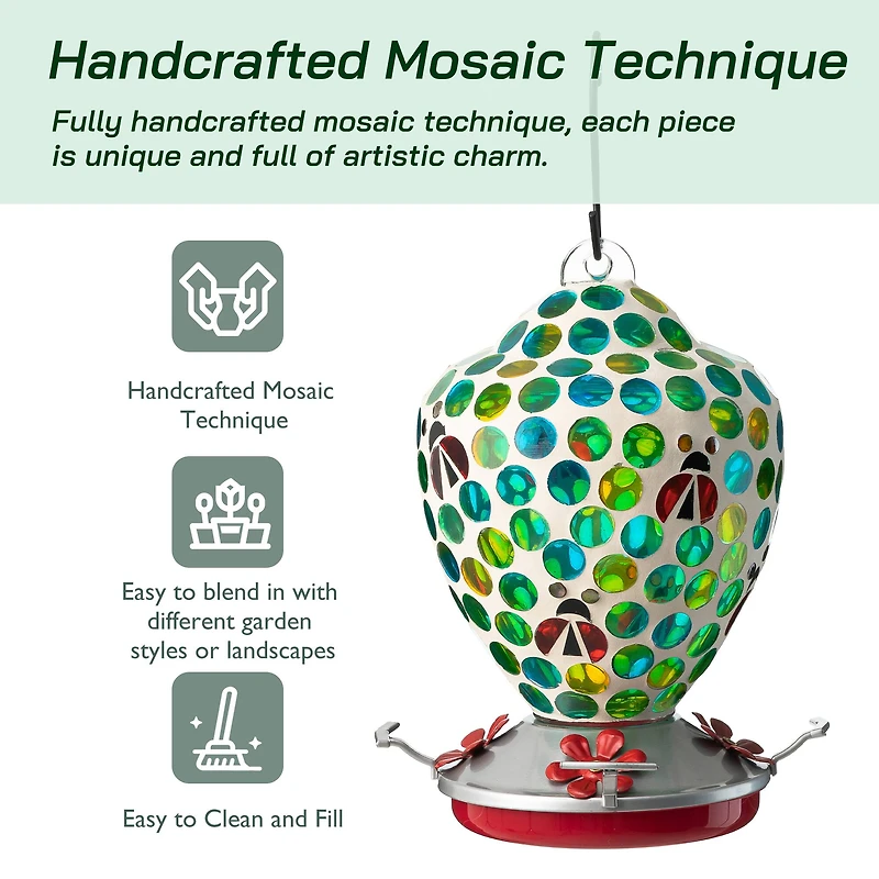 Glitzhome® 8.25" Blue & Green Dots & Ladybugs Glass Hanging Bird Feeder