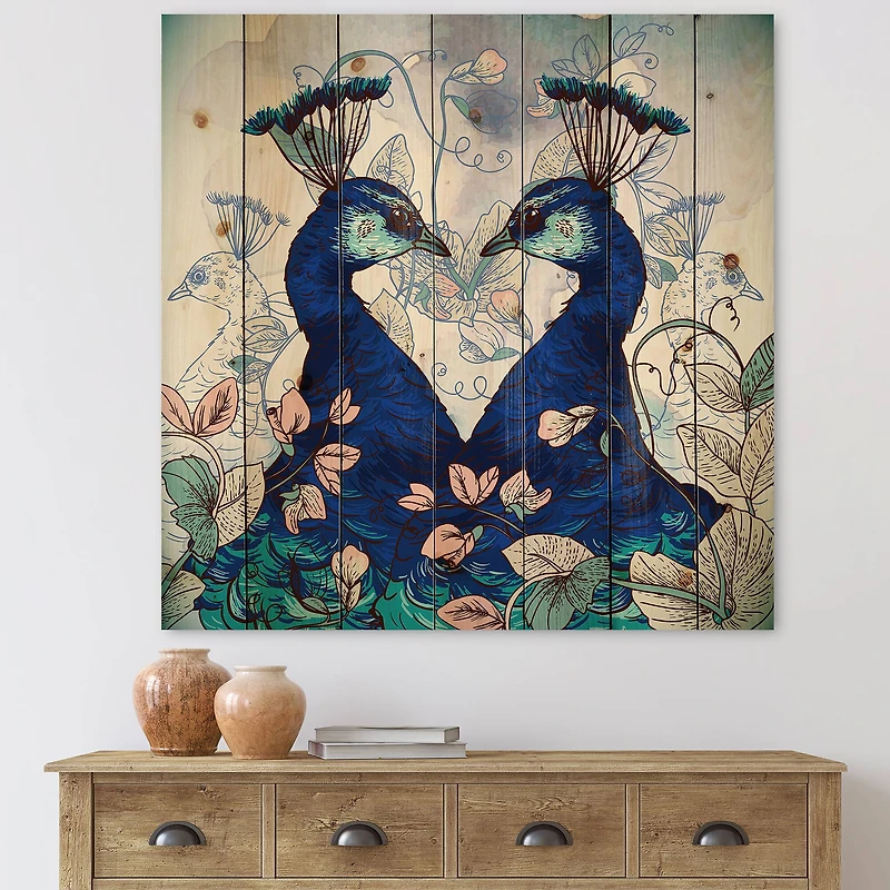 Designart - Two Blue Peacocks With Wildflowers