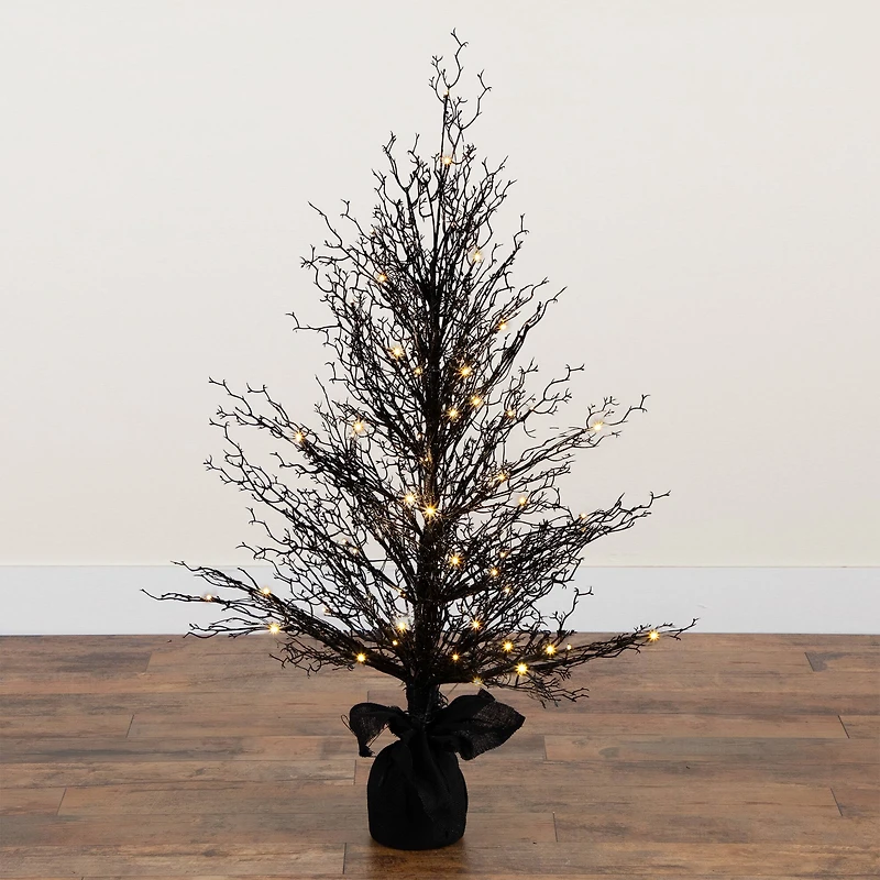 4ft. Pre-Lit LED Halloween Black Twig Artificial Fall Tree in Burlap Planter