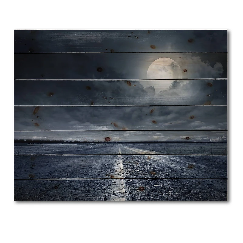 Designart - Asphalt Road Under Cloudy Full Moon I