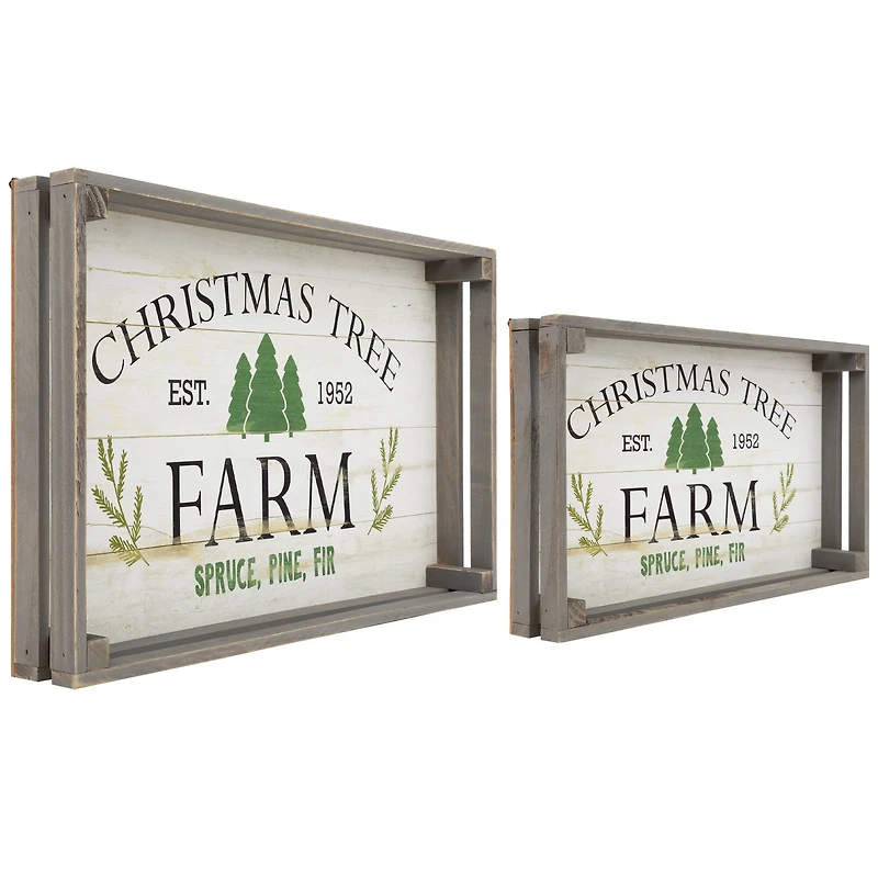 Gray & White Farm Fresh Christmas Trees Wooden Tray Hanging Sign Set