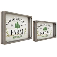 Gray & White Farm Fresh Christmas Trees Wooden Tray Hanging Sign Set
