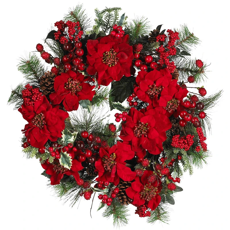 24" Red Poinsettia & Berry Wreath
