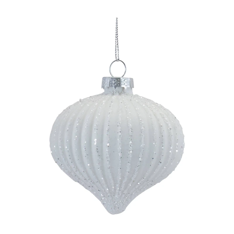 Glitter Ribbed White Glass Ornament Set