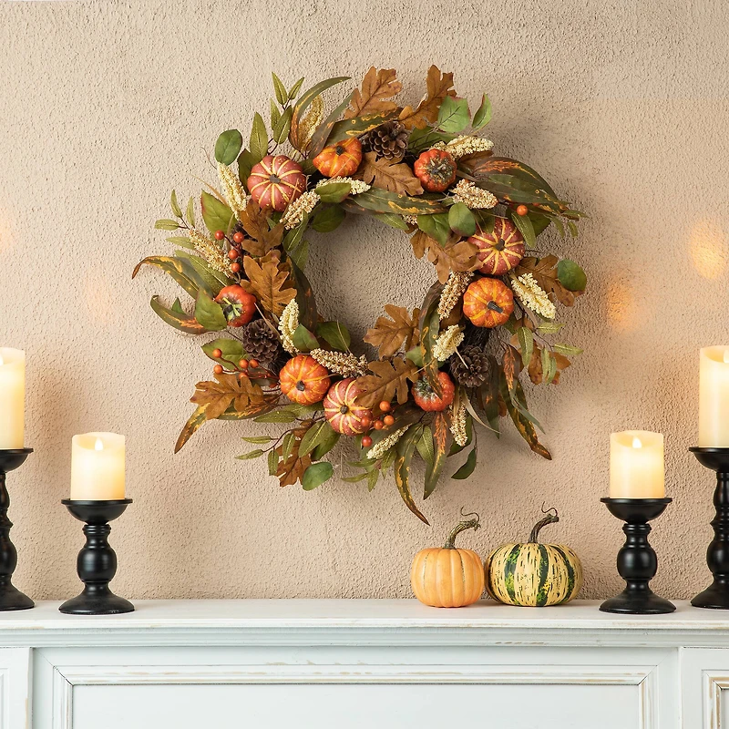 Glitzhome® 24" Fall Pumpkin Leaf Floral Wreath