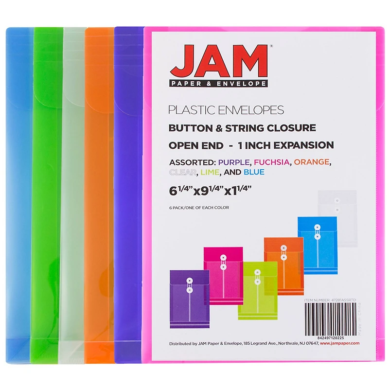 JAM Paper 6.25" x 9.25" Assorted Button & String Tie Closure Plastic Envelopes, 6ct.