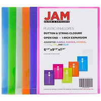 JAM Paper 6.25" x 9.25" Assorted Button & String Tie Closure Plastic Envelopes, 6ct.