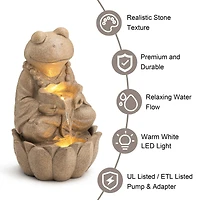 Glitzhome® 21.75" Sand Beige Zen-Style LED 2-Tier Frog Outdoor Fountain