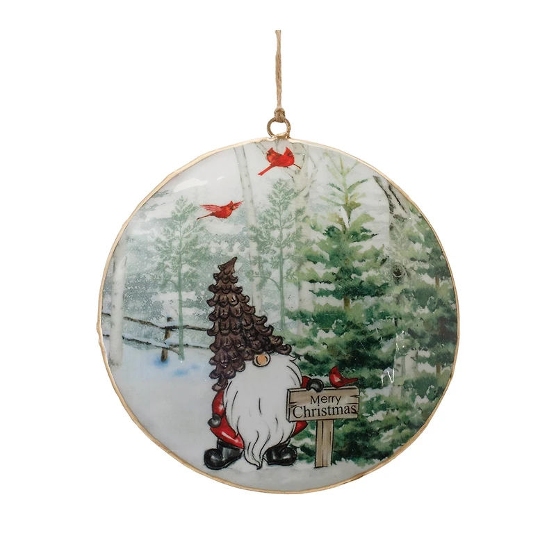 6" Gnome Cardinal Forest Metal Disc Ornaments Set