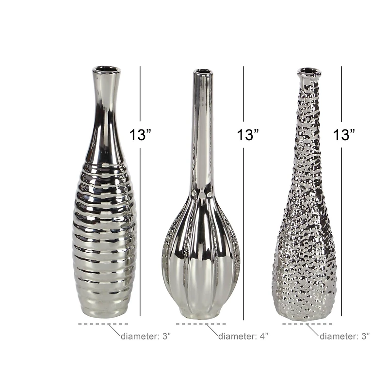 13" Silver Ceramic Glam Vase Set