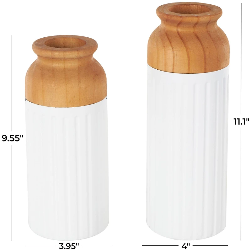 White & Brown Grooved Texture Metal & Wood Vase Set