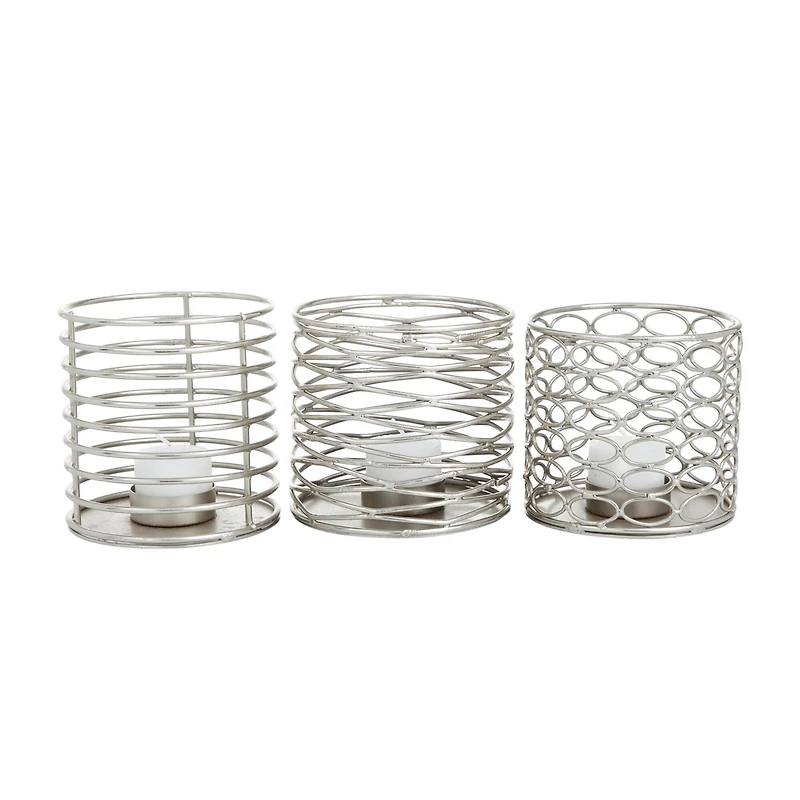 Set of 3 Silver Iron Modern Candle Holders, 4" x 4" x 4"