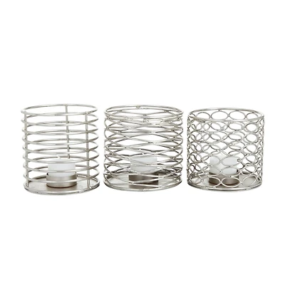 Set of 3 Silver Iron Modern Candle Holders, 4" x 4" x 4"