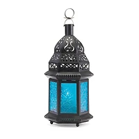 10" Black Moroccan Style Hanging Candle Lantern with Etched Blue Glass