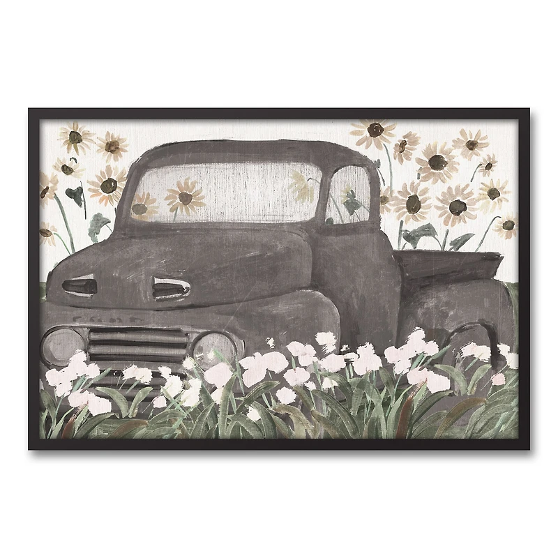 Truck & Sunflowers Black Framed Canvas Wall Art