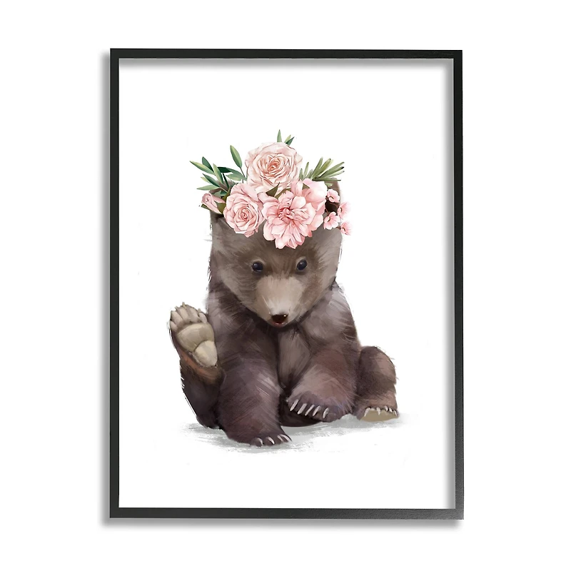 Stupell Industries Adorable Brown Bear Floral Crown Chic Forest Animal in Frame Wall Art