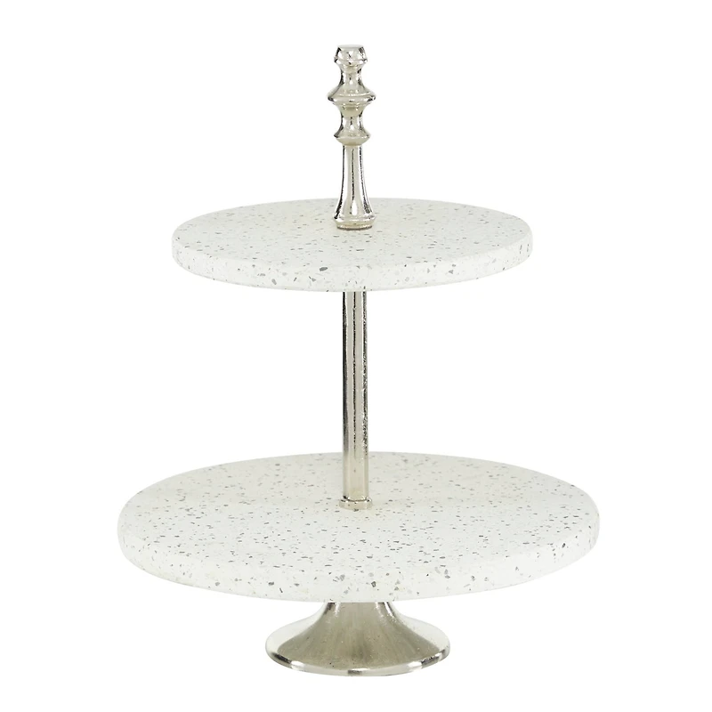 White Stoneware & Aluminum 2 Tier Tray Stand