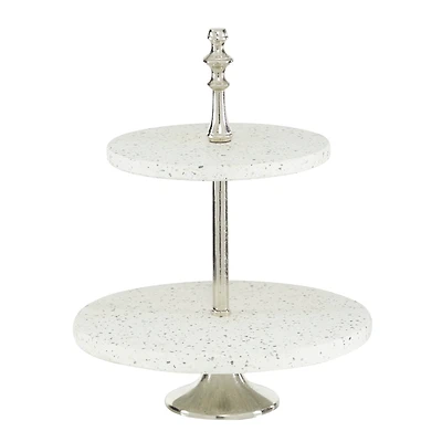 White Stoneware & Aluminum 2 Tier Tray Stand