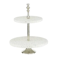 White Stoneware & Aluminum 2 Tier Tray Stand