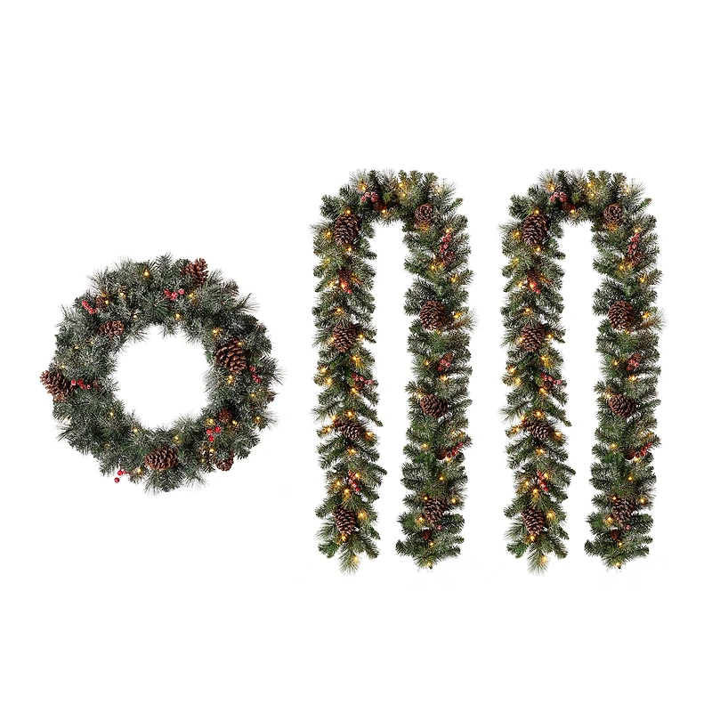 Glitzhome® 24" Pre-Lit Glittered Pinecone Christmas Wreath & Matched 9ft. Garlands Set