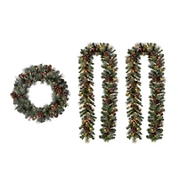 Glitzhome® 24" Pre-Lit Glittered Pinecone Christmas Wreath & Matched 9ft. Garlands Set