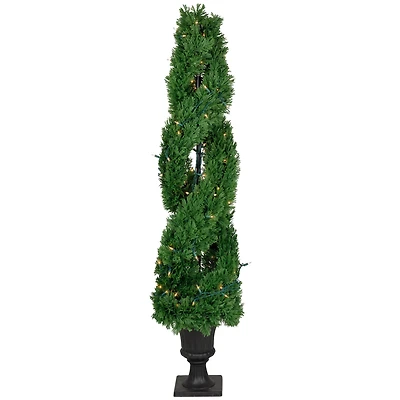 4.5ft. Pre-Lit Artificial Cedar Double Spiral Topiary Tree in Urn Style Pot, Clear Lights