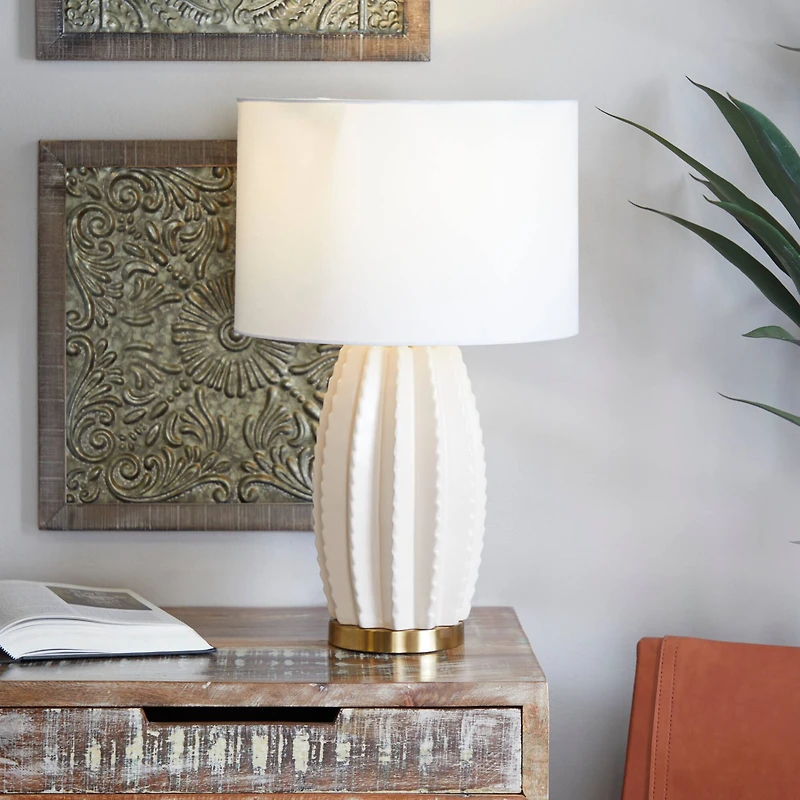 CosmoLiving by Cosmopolitan Cream Ceramic Gourd Style Base Table Lamp with Drum Shade 15" x 15" x 24"