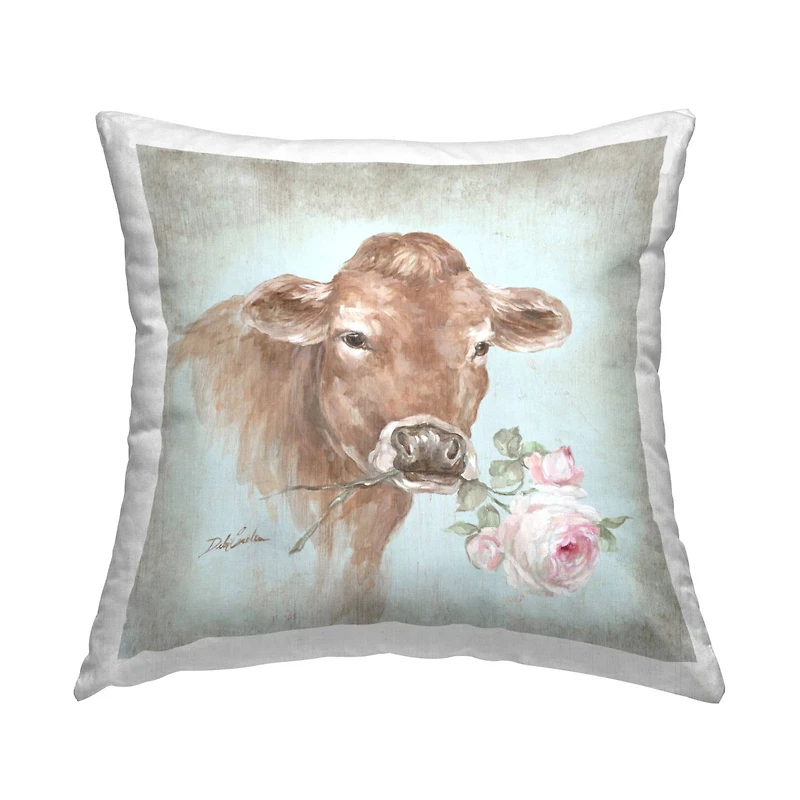 Stupell Industries Traditional Farm Cow Rustic Pink Rose Blossom Throw Pillow, 18" x 18"