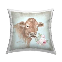 Stupell Industries Traditional Farm Cow Rustic Pink Rose Blossom Throw Pillow, 18" x 18"