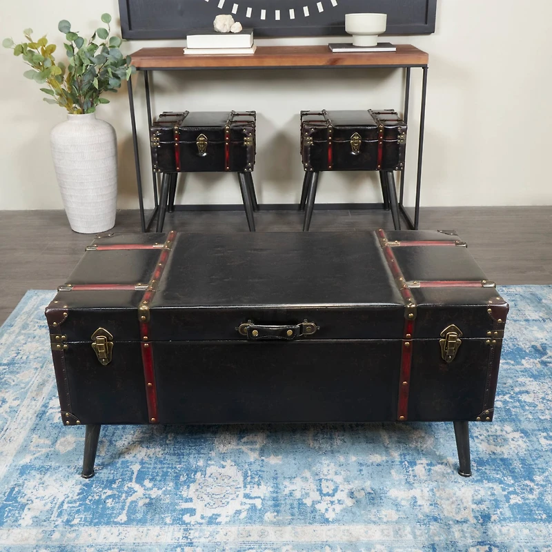 Black Faux Leather Studded Coffee Table Set