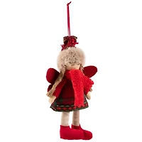 Plaid Angel Girl with Jute Pigtails  Christmas Ornament - 8.5" - Red and Beige