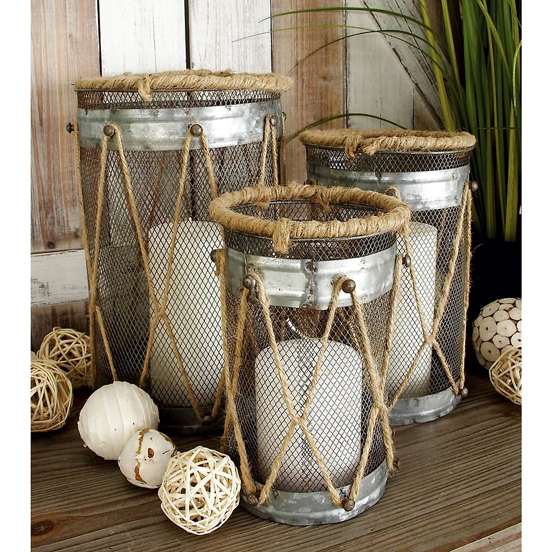 Set of 3" Silver Metal Rustic Lantern, 11", 9", 8"