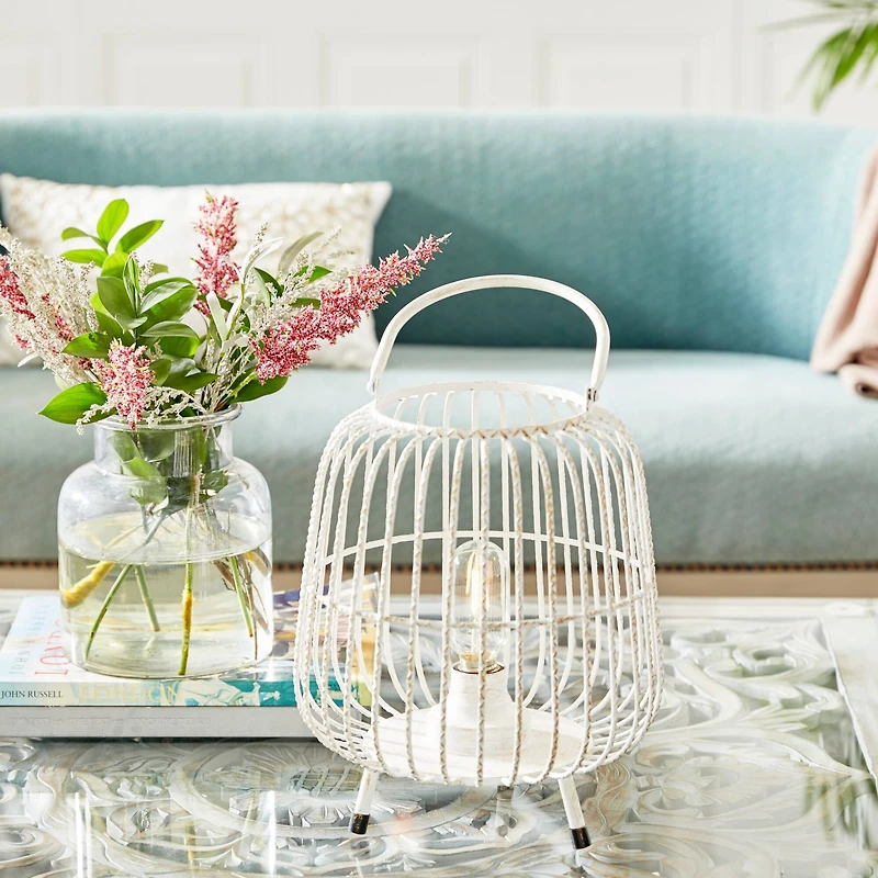 White Iron Modern Candle Holder Lantern, 12" x 10" x 10"