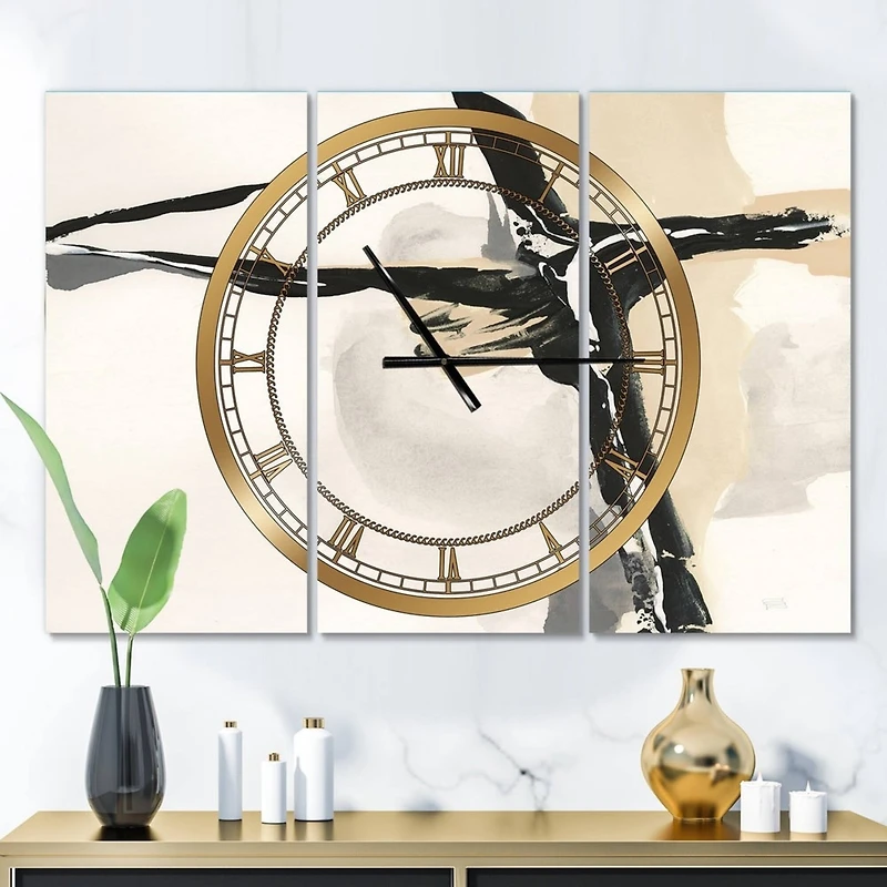 Designart Creamy Tan Form 3 Panel Modern Wall Clock